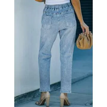 Sidefeel Women's Cargo Jeans Ripped Denim Joggers Elastic Drawstring Waist Trouser Pull On Pants Sky Blue Size 6