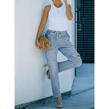 Sidefeel Women's Cargo Jeans Ripped Denim Joggers Elastic Drawstring Waist Trouser Pull On Pants Sky Blue Size 6