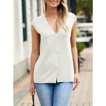 Saodimallsu Womens Deep V Neck Sweater Vest Sleeveless Knit Button Up Loose Fit Cap Sleeve Trendy Summer Tops White