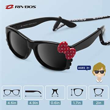 RIVBOS Kids Sunglasses for Girls Boys with Strap Polarized UV Protection Flexible Rubber Shades Age 3-10 RBK002-Black