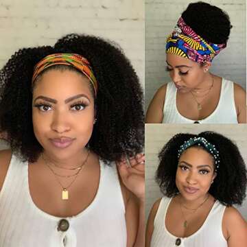 Headband Wig Kinky Curly None Lace Front Wigs Brizilian Virgin Hair Machine Made Human Hair Curly Wigs for Black Women 150% Density Natural Color 18 inch