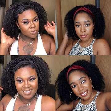 Headband Wig Kinky Curly None Lace Front Wigs Brizilian Virgin Hair Machine Made Human Hair Curly Wigs for Black Women 150% Density Natural Color 18 inch