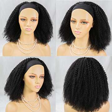 Headband Wig Kinky Curly None Lace Front Wigs Brizilian Virgin Hair Machine Made Human Hair Curly Wigs for Black Women 150% Density Natural Color 18 inch