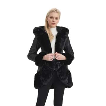 GRAN ORIENTE Women's Faux Leather Coat with Faux Fur Collar,Winter Warm Belted Mid Length Trim Jacke...