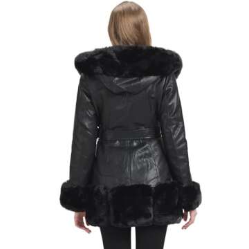 GRAN ORIENTE Women's Faux Leather Coat with Faux Fur Collar,Winter Warm Belted Mid Length Trim Jacket Fur Lined with Hood (002 Black S)
