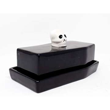 Boston Warehouse Coffin Shaped with Skull Handle Covered Butter Dish, Standard, Black
