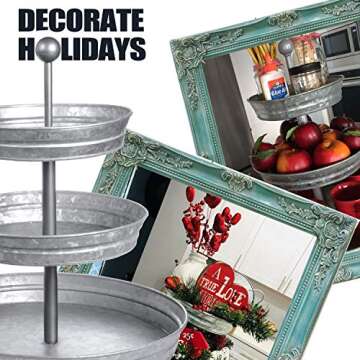 DELBRIO - 3 Tier Jumbo Serving Tray & Display Stand - Rustic, Decorative Galvanized, Farmhouse Décor