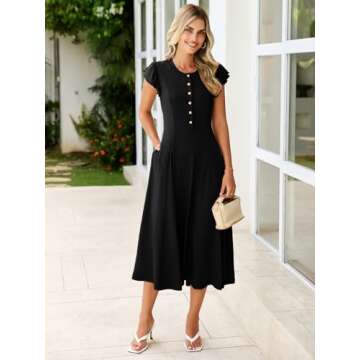 Simplee Women Casual Summer Short Sleeve Long Dress Vacation Travel Beach Boho Button Crew Neck Midi...