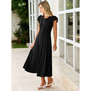 Simplee Women Casual Summer Short Sleeve Long Dress Vacation Travel Beach Boho Button Crew Neck Midi Dress 2025 Fashion(Black,Small)