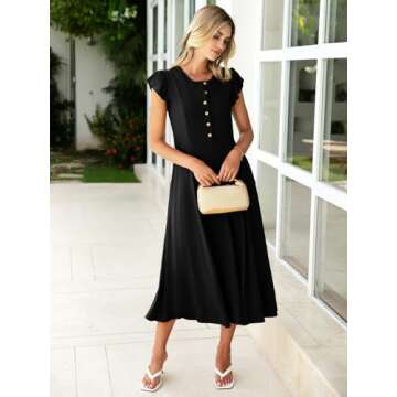 Simplee Women Casual Summer Short Sleeve Long Dress Vacation Travel Beach Boho Button Crew Neck Midi Dress 2025 Fashion(Black,Small)