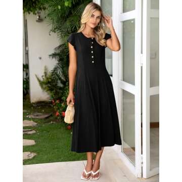 Simplee Women Casual Summer Short Sleeve Long Dress Vacation Travel Beach Boho Button Crew Neck Midi Dress 2025 Fashion(Black,Small)