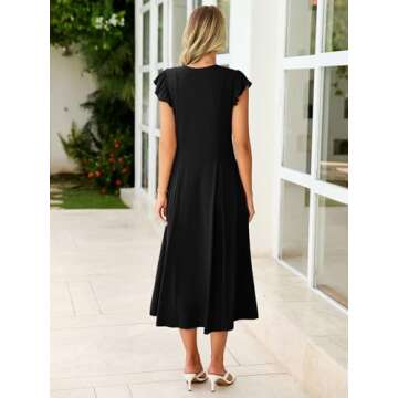Simplee Women Casual Summer Short Sleeve Long Dress Vacation Travel Beach Boho Button Crew Neck Midi Dress 2025 Fashion(Black,Small)