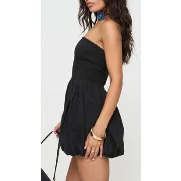 Tube Top Dress for Women Summer Solid Strapless Mini Dresses, Off The Shoudle Ruffle Beach Dress (XS, Black-3)