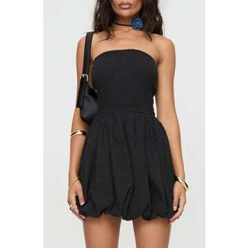 Tube Top Dress for Women Summer Solid Strapless Mini Dresses, Off The Shoudle Ruffle Beach Dress (XS, Black-3)