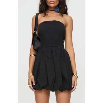 Tube Top Dress for Women Summer Solid Strapless Mini Dresses, Off The Shoudle Ruffle Beach Dress (XS, Black-3)