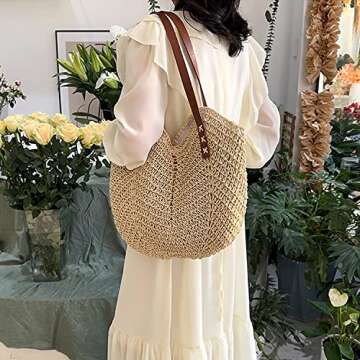 MAMUNU Straw Beach Bag for Women Large Straw Tote Bag with Zipper Summer Woven Bag Travel Straw Shou...