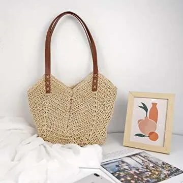MAMUNU Straw Beach Bag for Women Large Straw Tote Bag with Zipper Summer Woven Bag Travel Straw Shoulder Bags for Vocation