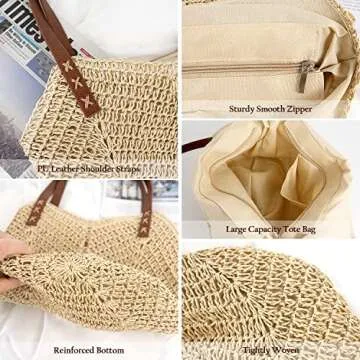MAMUNU Straw Beach Bag for Women Large Straw Tote Bag with Zipper Summer Woven Bag Travel Straw Shoulder Bags for Vocation