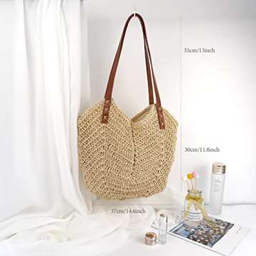 MAMUNU Straw Beach Bag for Women Large Straw Tote Bag with Zipper Summer Woven Bag Travel Straw Shoulder Bags for Vocation
