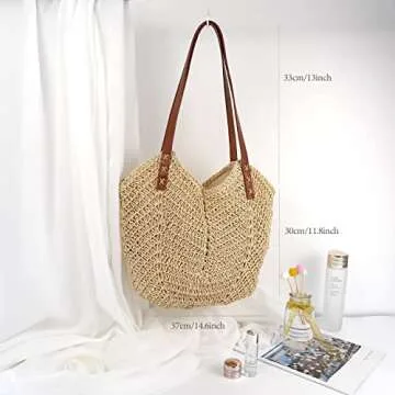 MAMUNU Straw Beach Bag for Women Large Straw Tote Bag with Zipper Summer Woven Bag Travel Straw Shoulder Bags for Vocation