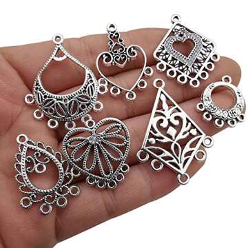 Youdiyla 60 Vintage Hoop Earring Charms Collection, Antique Silver Tone, Large Filigree Chandelier C...