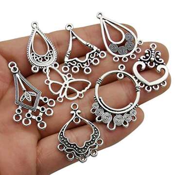 Youdiyla 60 Vintage Hoop Earring Charms Collection, Antique Silver Tone, Large Filigree Chandelier Connector Metal Pendant Craft Supplies Findings for Vintage Hoop Earring Making (HM268)
