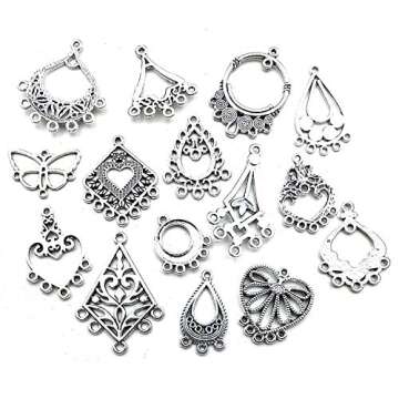 Youdiyla 60 Vintage Hoop Earring Charms Collection, Antique Silver Tone, Large Filigree Chandelier Connector Metal Pendant Craft Supplies Findings for Vintage Hoop Earring Making (HM268)