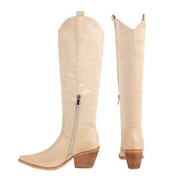 Reitoye Cowboy Boots for Women Embroidery Western Cowgirl Knee High Chunky Heel Boots with Pull-Up Tabs Size 8