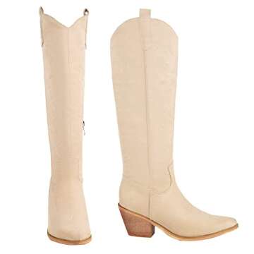 Reitoye Cowboy Boots for Women Embroidery Western Cowgirl Knee High Chunky Heel Boots with Pull-Up Tabs Size 8