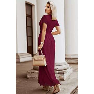 MEROKEETY Women's 2024 V Neck Short Sleeve Floral Lace Wedding Dress Bridesmaid Cocktail Party Maxi Dress, Wine, XX-Large