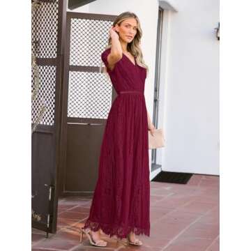 MEROKEETY Women's 2024 V Neck Short Sleeve Floral Lace Wedding Dress Bridesmaid Cocktail Party Maxi Dress, Wine, XX-Large