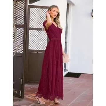 MEROKEETY Women's 2024 V Neck Short Sleeve Floral Lace Wedding Dress Bridesmaid Cocktail Party Maxi Dress, Wine, XX-Large