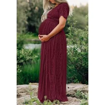 MEROKEETY Women's 2024 V Neck Short Sleeve Floral Lace Wedding Dress Bridesmaid Cocktail Party Maxi Dress, Wine, XX-Large