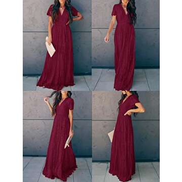 MEROKEETY Women's 2024 V Neck Short Sleeve Floral Lace Wedding Dress Bridesmaid Cocktail Party Maxi Dress, Wine, XX-Large