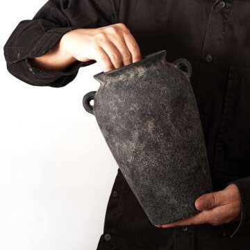 Terracotta Vase 10inch Tall, Farmhouse Distressed Ceramic Pottery, Unique Textured Stoneware Mantel Decoration, Black Boho Vintage Stone Vases for Flowers, Centerpieces, Living Room.