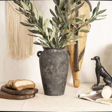 Terracotta Vase 10inch Tall, Farmhouse Distressed Ceramic Pottery, Unique Textured Stoneware Mantel Decoration, Black Boho Vintage Stone Vases for Flowers, Centerpieces, Living Room.
