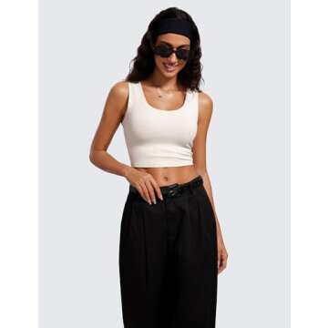 CRZ YOGA Ribbed Crop Fitted Tank Tops for Women Low U-Back Scoop Neck Casual Cropped Sleeveless Workout Yoga Shirt Milky White (Bone) Medium