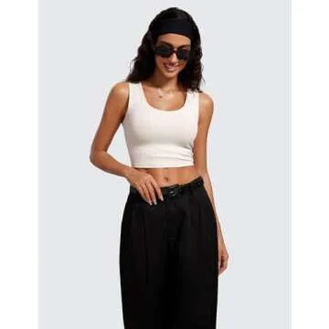 CRZ YOGA Ribbed Crop Fitted Tank Tops for Women Low U-Back Scoop Neck Casual Cropped Sleeveless Workout Yoga Shirt Milky White (Bone) Medium