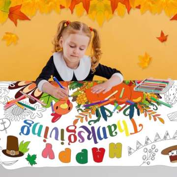 Thanksgiving Giant Coloring Poster/Tablecloth- Pumpkin Turkey Fall Thanksgiving Arts Crafts Activity, 31 x 72 Inches Jumbo Paper Coloring Banner Table Cover for Thanksgiving Party Favors Decorations