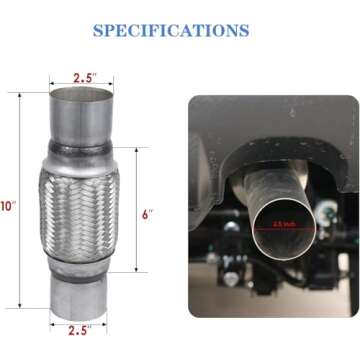 RP Remarkable Power, 2.5 inch Inlet Exhaust Flex Pipe, ID x 10 Length Flexible Tube, Stainless Steel Double Braid Heavy Duty Universal type Muffler Pipe RK7545 Replacement part