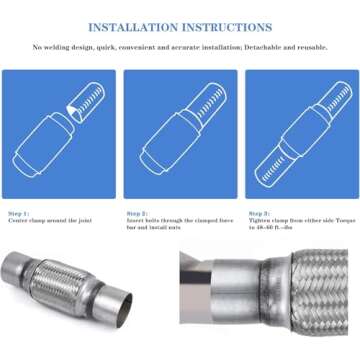 RP Remarkable Power, 2.5 inch Inlet Exhaust Flex Pipe, ID x 10 Length Flexible Tube, Stainless Steel Double Braid Heavy Duty Universal type Muffler Pipe RK7545 Replacement part