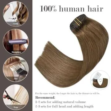 Honsoo Clip in Real Human Hair Extensions, Chestnut Brown 22inch 70g 7pcs Straight Silky Brown Natur...