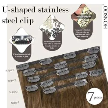Honsoo Clip in Real Human Hair Extensions, Chestnut Brown 22inch 70g 7pcs Straight Silky Brown Natural Hair Extensions