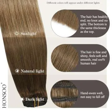 Honsoo Clip in Real Human Hair Extensions, Chestnut Brown 22inch 70g 7pcs Straight Silky Brown Natural Hair Extensions