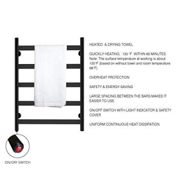 HEATGENE Towel Warmer 5 Flat Bar Towel Dryer Wall-Mounted Plug-in Bath Towel Heater - Matte Black