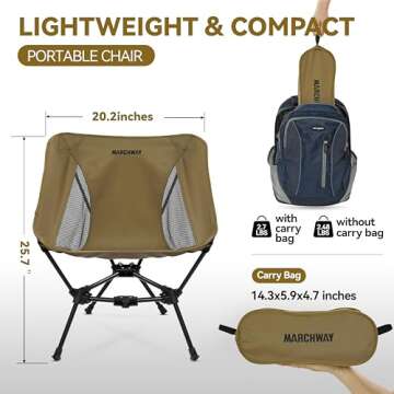 MARCHWAY Lightweight Folding Camping Chair, Stable Portable Compact for Outdoor Camp, Travel, Beach, Picnic, Festival, Hiking, Backpacking, Supports 330Lbs (Khaki)