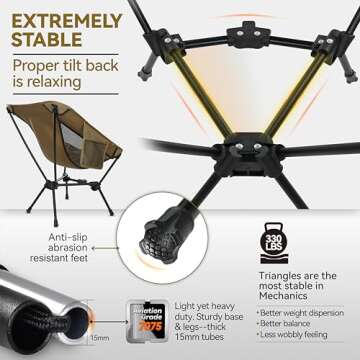 MARCHWAY Lightweight Folding Camping Chair, Stable Portable Compact for Outdoor Camp, Travel, Beach, Picnic, Festival, Hiking, Backpacking, Supports 330Lbs (Khaki)