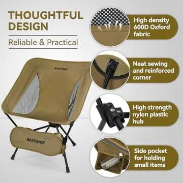 MARCHWAY Lightweight Folding Camping Chair, Stable Portable Compact for Outdoor Camp, Travel, Beach, Picnic, Festival, Hiking, Backpacking, Supports 330Lbs (Khaki)