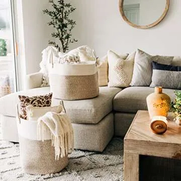 OrganiHaus Brown Towel Basket for Bathroom 20x13, Large Toy Basket for Storage for Kids, Large Blanket Basket for Living Room, Round Laundry Basket & Blanket Bin, Large Woven Basket for Storage