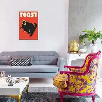 DVBOCS Funky Black Cat Canvas Wall Art Funny Bathroom Poster Cat Doing Toast Wall Pink Decor Country Farmhouse Style Home Kitchen Dining Room 12x16in Unframed